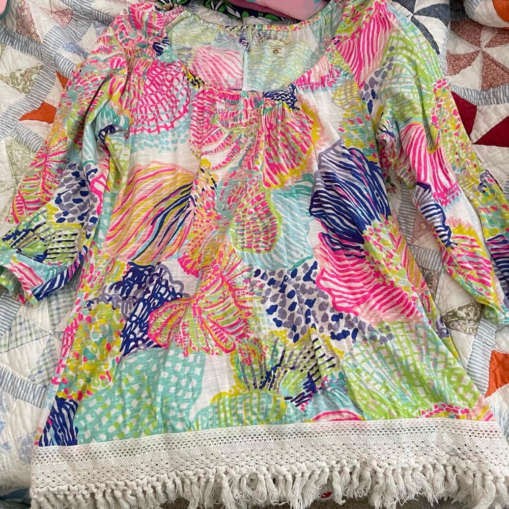 LILLY PULITZER Cotton Short dress or long tunic top FRINGE Hemline! Size Large